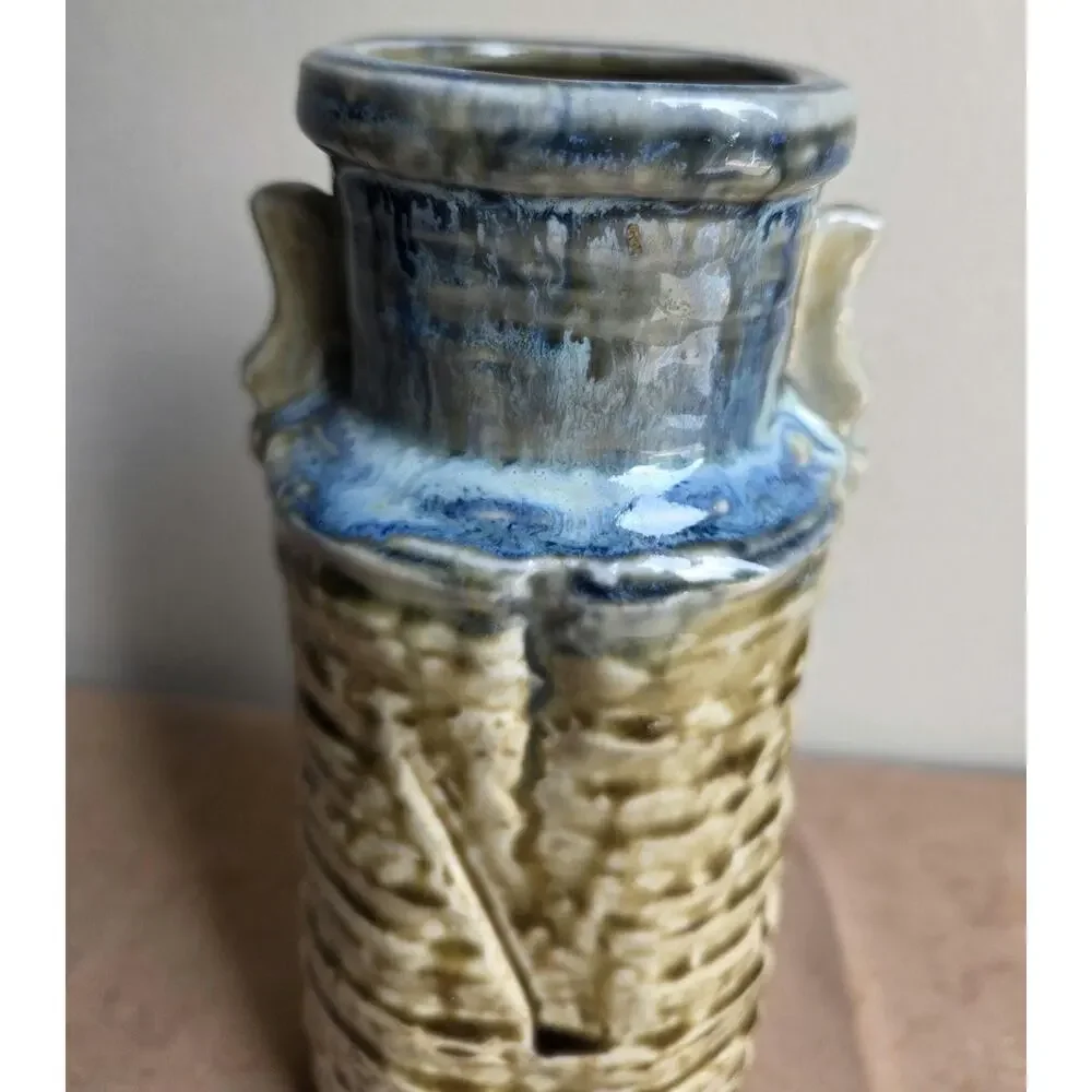 Vintage Japanese Iga Style Ikebana Vase Blue Green Drip Glaze Wabi Sabi Pottery